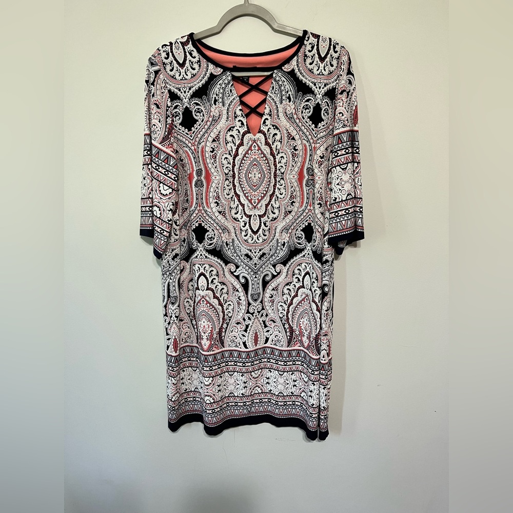 Roz & Ali Casual Pink White Dress 3/4 Flare Sleeves Sz 14 Multi-Color #C023